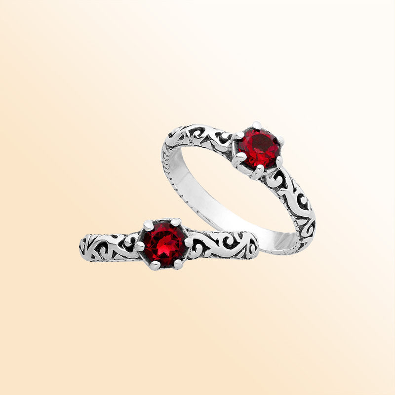 Sterling silver filigree ring with round red Garnet Quartz, artisan handcrafted design, elegant Quartz jewelry for women.