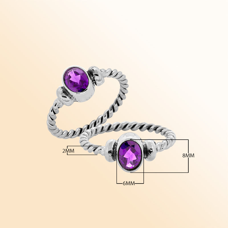 Sterling silver twisted band ring with oval faceted Amethyst Quartz, artisan handcrafted jewelry for women, elegant purple quartz accessory.