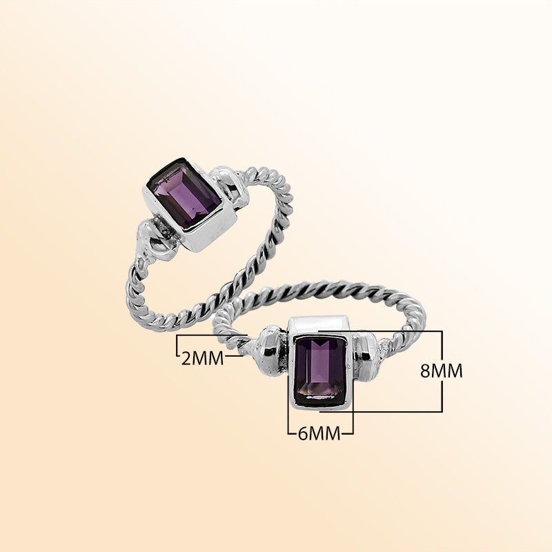 Sterling silver rope band ring with rectangular purple Amethyst Quartz– elegant artisan-inspired jewelry for women.