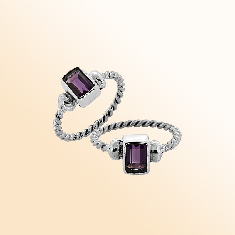 Sterling silver rope band ring with rectangular purple Amethyst Quartz– elegant artisan-inspired jewelry for women.
