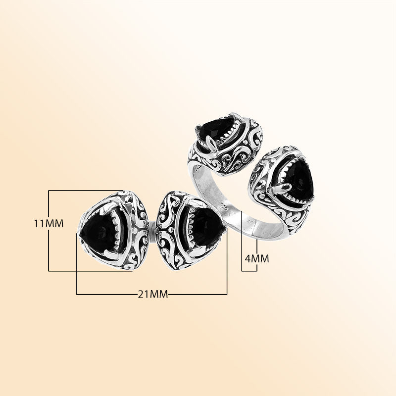 Sterling silver Bali scrollwork ring with trillion-cut Black Onyx Gemstone – artisan handcrafted statement jewelry for women.