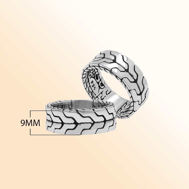 Sterling silver wide band ring with geometric pattern and oxidized accents – unisex artisan statement jewelry.