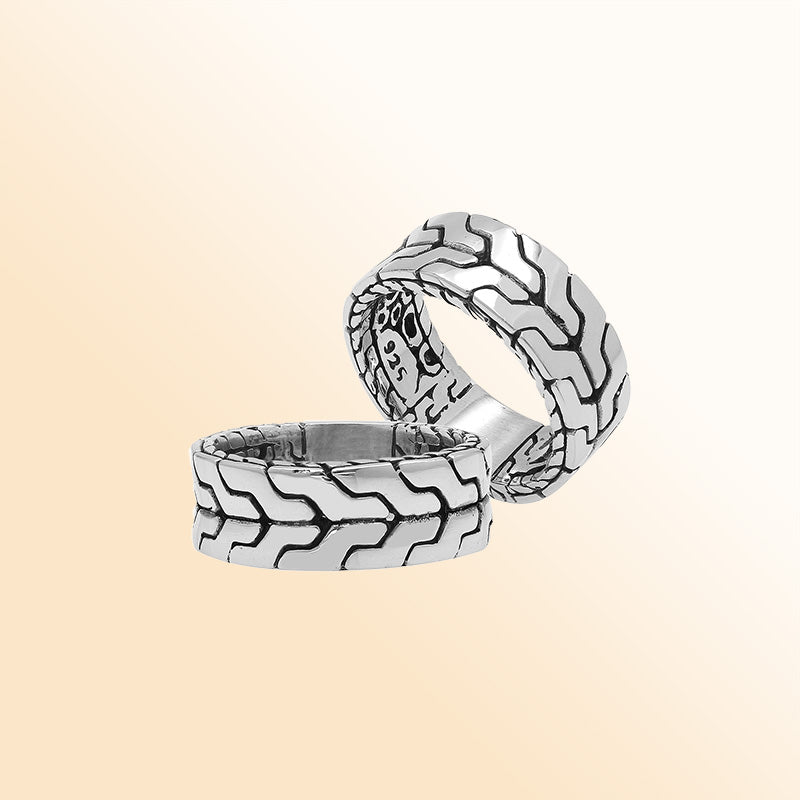 Sterling silver wide band ring with geometric pattern and oxidized accents – unisex artisan statement jewelry.