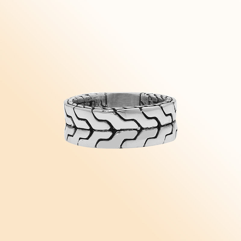 Sterling silver wide band ring with geometric pattern and oxidized accents – unisex artisan statement jewelry.