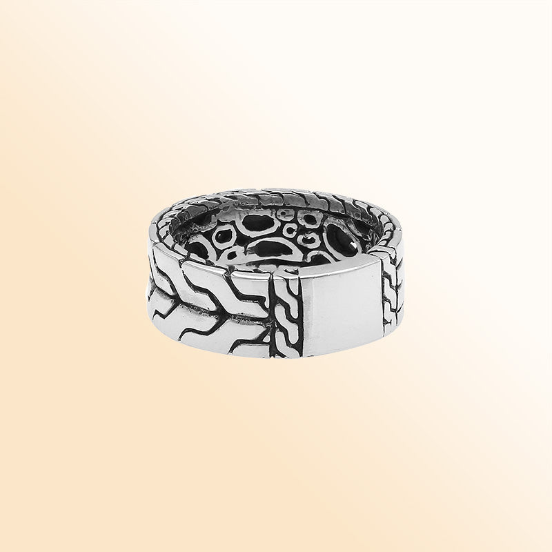 Sterling silver wide band ring with geometric pattern and oxidized accents – unisex artisan statement jewelry.