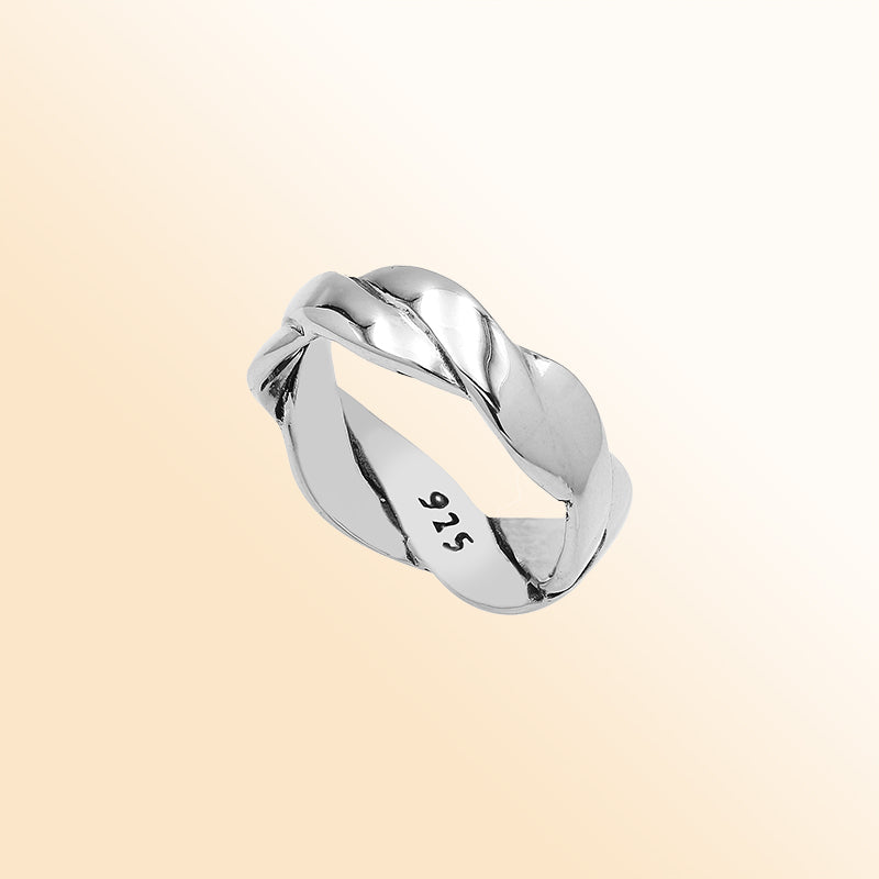 Sterling silver twisted braid band ring with polished finish – unisex artisan jewelry for everyday wear or stacking.