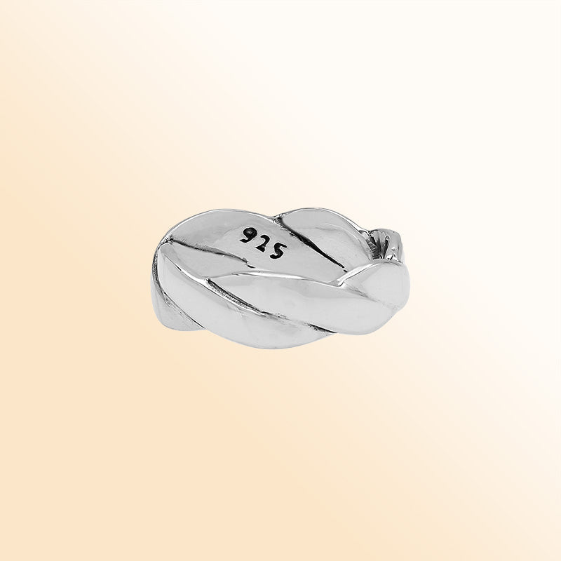 Sterling silver twisted braid band ring with polished finish – unisex artisan jewelry for everyday wear or stacking.