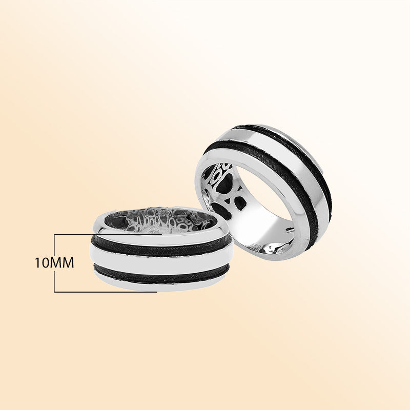Sterling silver wide band ring with double black oxidized stripes – unisex modern artisan jewelry.