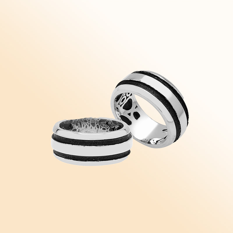 Sterling silver wide band ring with double black oxidized stripes – unisex modern artisan jewelry.