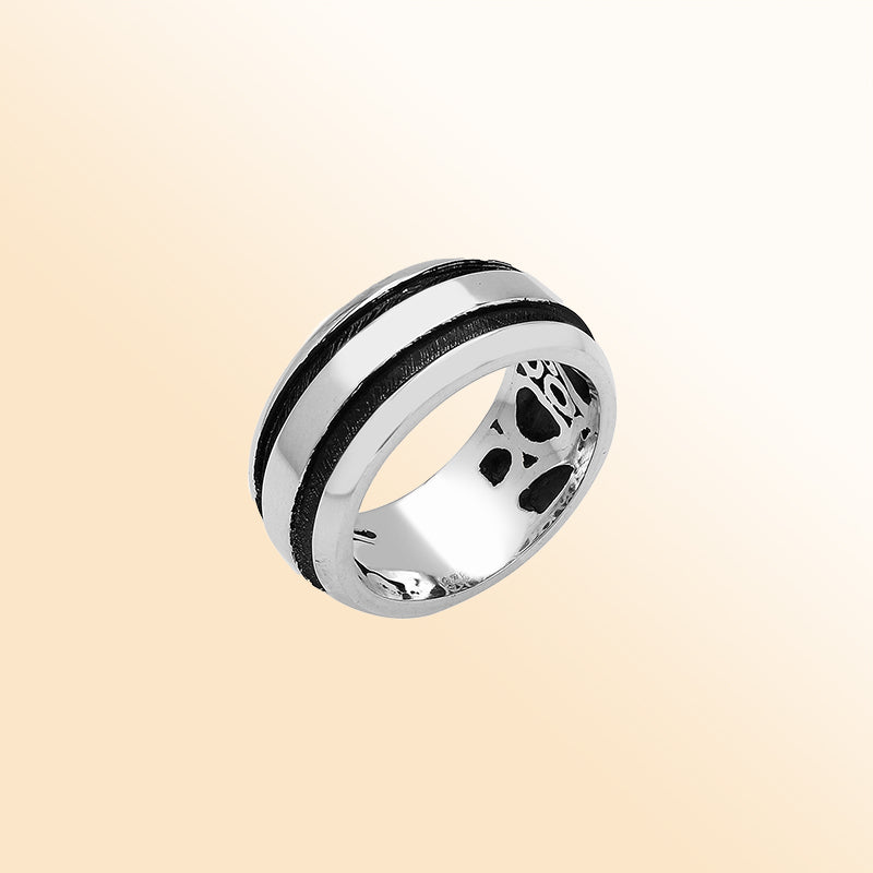 Sterling silver wide band ring with double black oxidized stripes – unisex modern artisan jewelry.