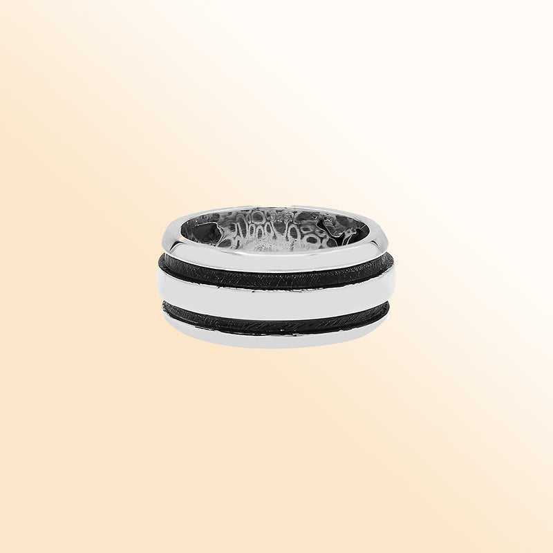 Sterling silver wide band ring with double black oxidized stripes – unisex modern artisan jewelry.