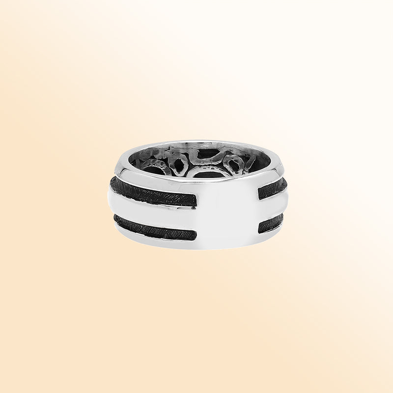 Sterling silver wide band ring with double black oxidized stripes – unisex modern artisan jewelry.