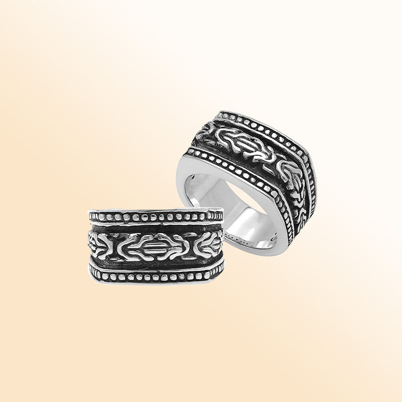 Handcrafted sterling silver Bali wide band ring with oxidized details and artisan carvings, unisex statement silver jewelry.