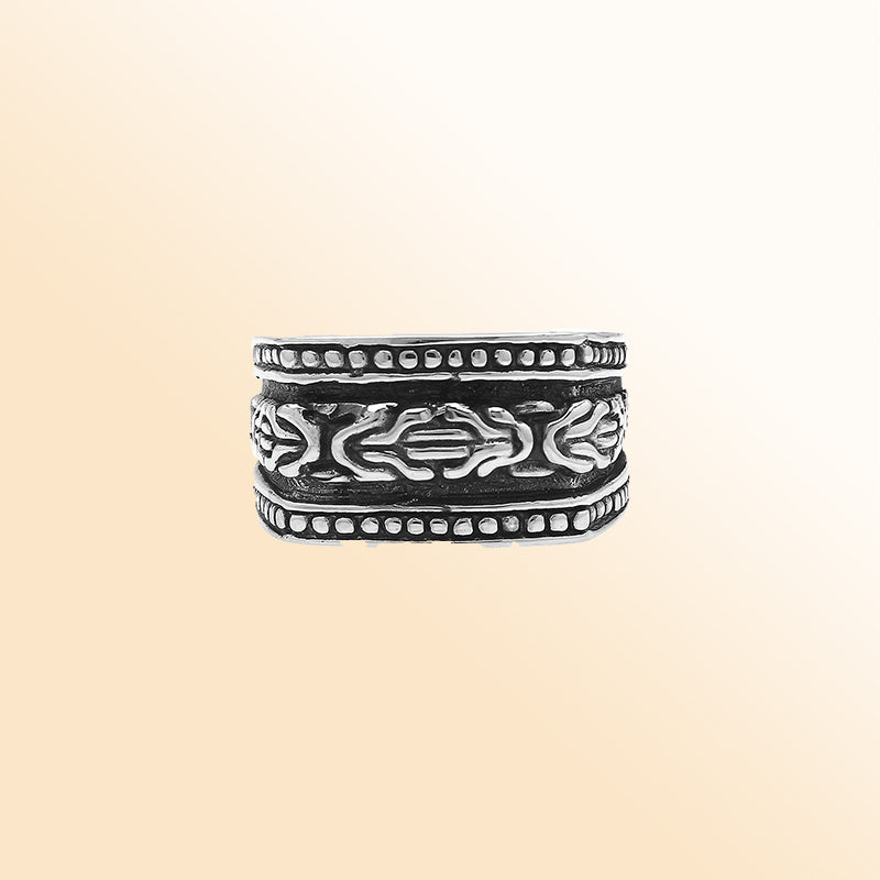 Handcrafted sterling silver Bali wide band ring with oxidized details and artisan carvings, unisex statement silver jewelry.