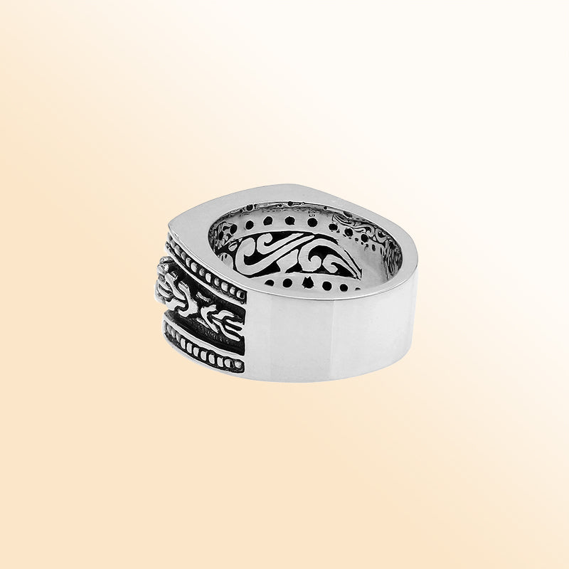 Handcrafted sterling silver Bali wide band ring with oxidized details and artisan carvings, unisex statement silver jewelry.