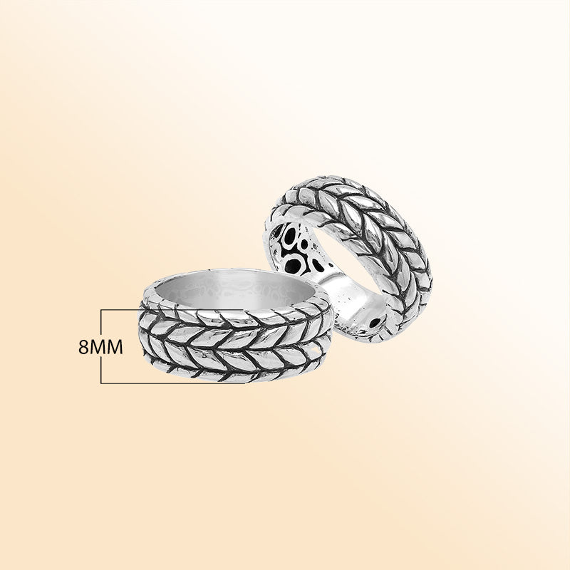 Handcrafted sterling silver woven leaf band ring with oxidized Bali design details, unisex artisan silver jewelry for everyday wear or gifting.