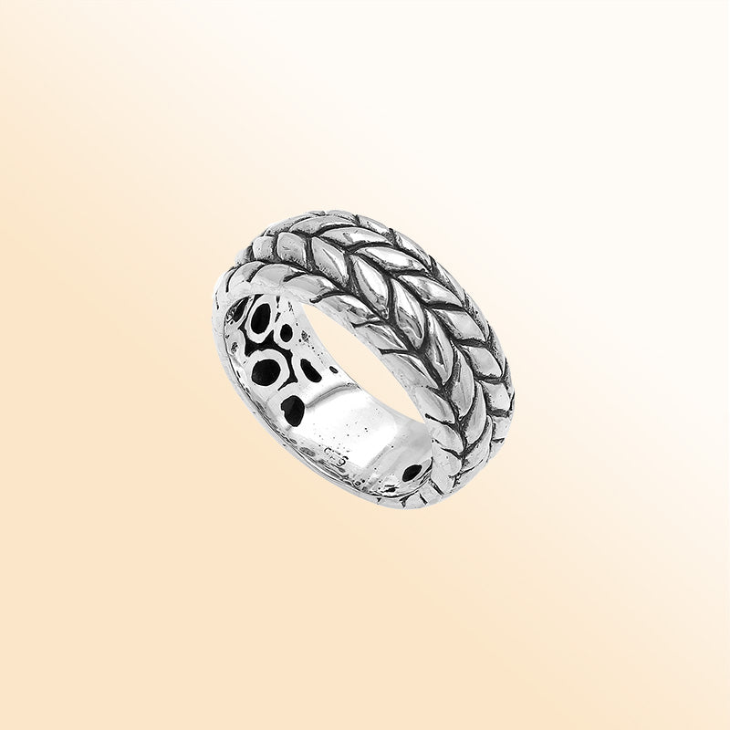 Handcrafted sterling silver woven leaf band ring with oxidized Bali design details, unisex artisan silver jewelry for everyday wear or gifting.