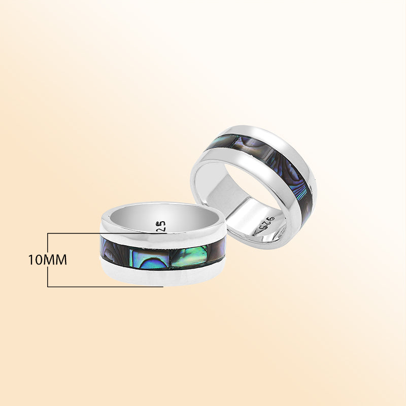 Handcrafted sterling silver wide band ring with colorful Abalone Shell inlay, unisex artisan jewelry for everyday wear or gifting.