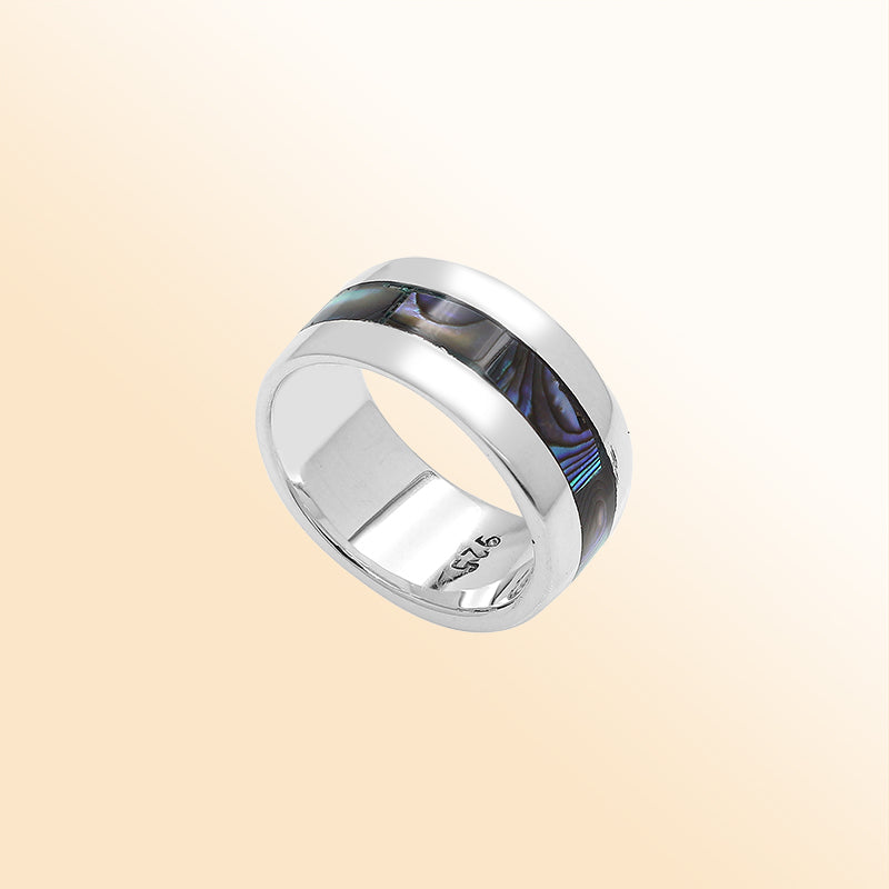 Handcrafted sterling silver wide band ring with colorful Abalone Shell inlay, unisex artisan jewelry for everyday wear or gifting.