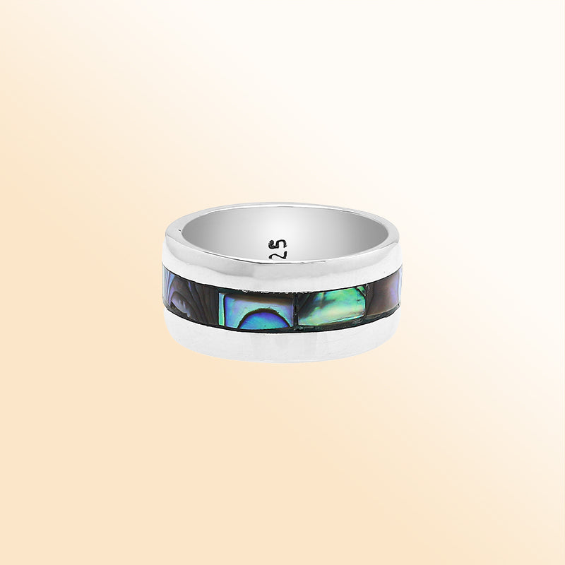 Handcrafted sterling silver wide band ring with colorful Abalone Shell inlay, unisex artisan jewelry for everyday wear or gifting.
