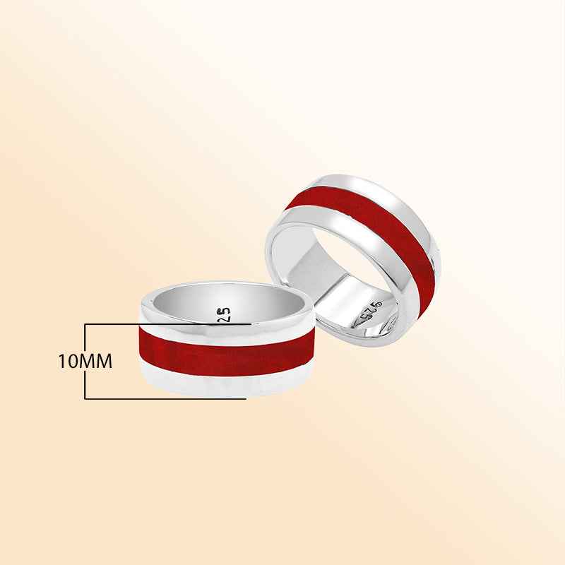 Handcrafted sterling silver wide band ring with vibrant Red Coral inlay, unisex artisan jewelry for everyday wear or gifting.