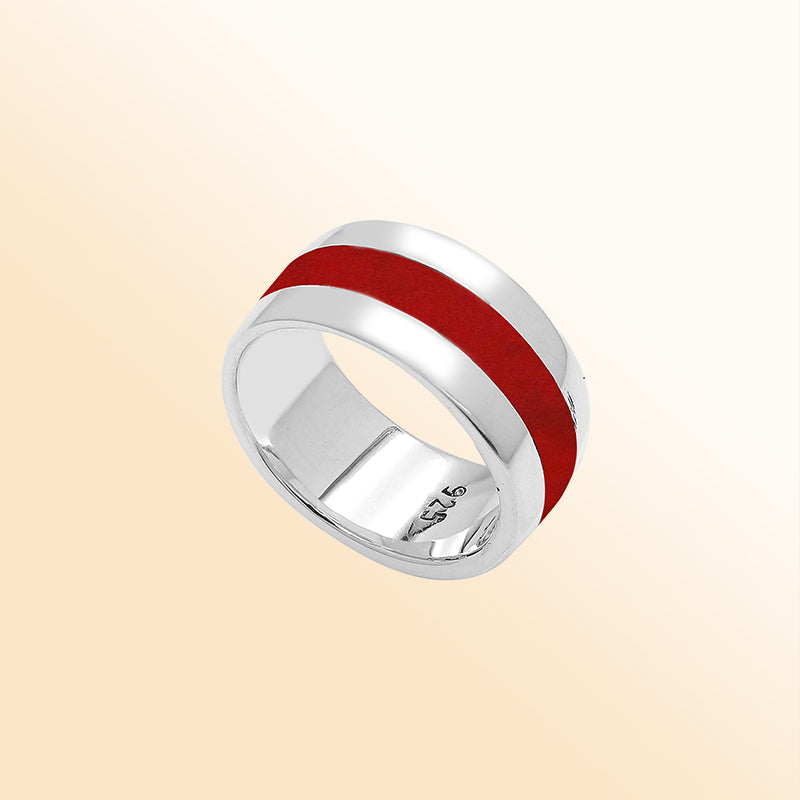 Handcrafted sterling silver wide band ring with vibrant Red Coral inlay, unisex artisan jewelry for everyday wear or gifting.
