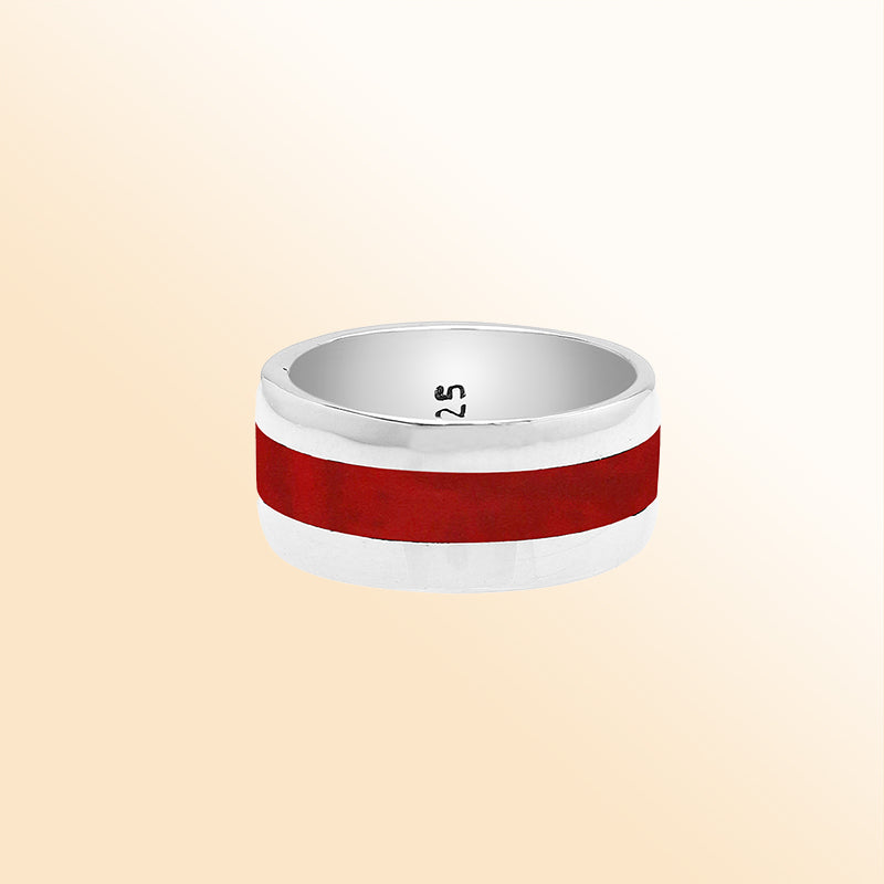 Handcrafted sterling silver wide band ring with vibrant Red Coral inlay, unisex artisan jewelry for everyday wear or gifting.