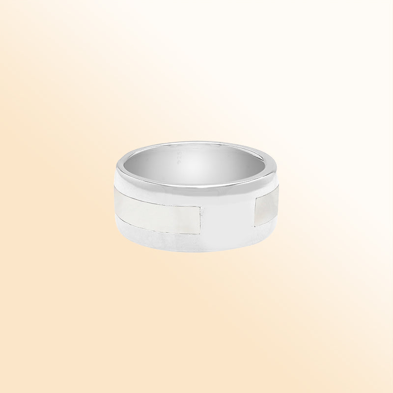 Handcrafted sterling silver wide band ring with luminous Mother of Pearl inlay, unisex artisan jewelry for everyday wear or gifting.