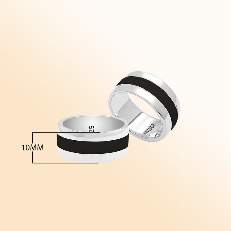 Handcrafted sterling silver wide band ring with Black Shell inlay, unisex artisan jewelry for everyday wear or gifting.