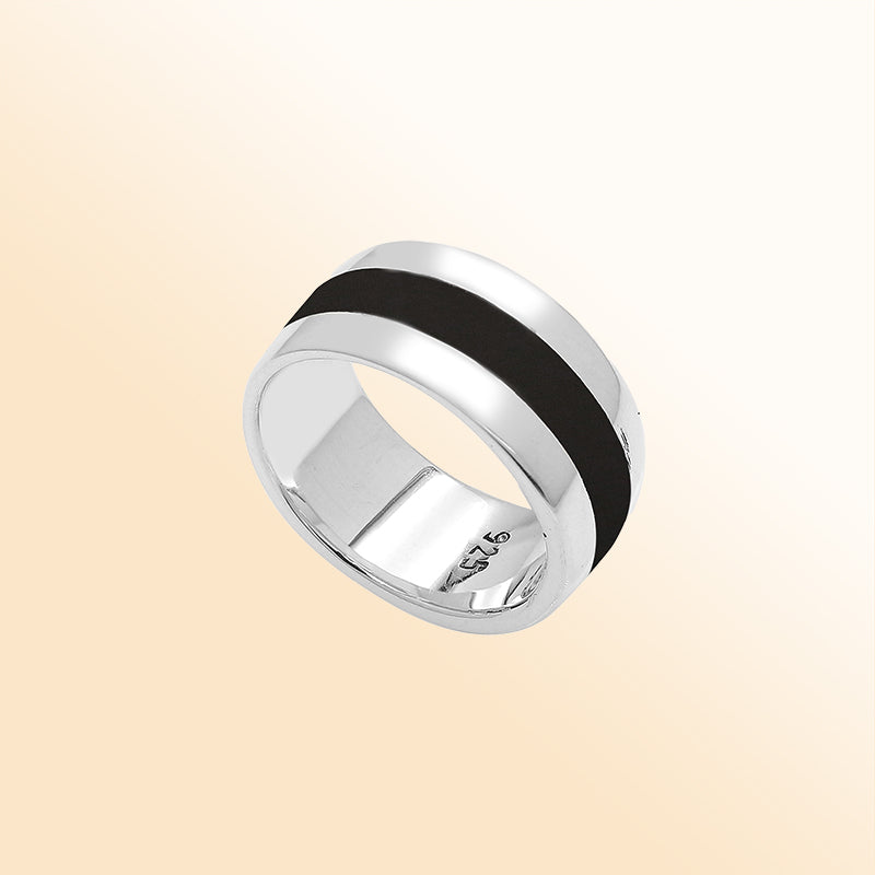Handcrafted sterling silver wide band ring with Black Shell inlay, unisex artisan jewelry for everyday wear or gifting.
