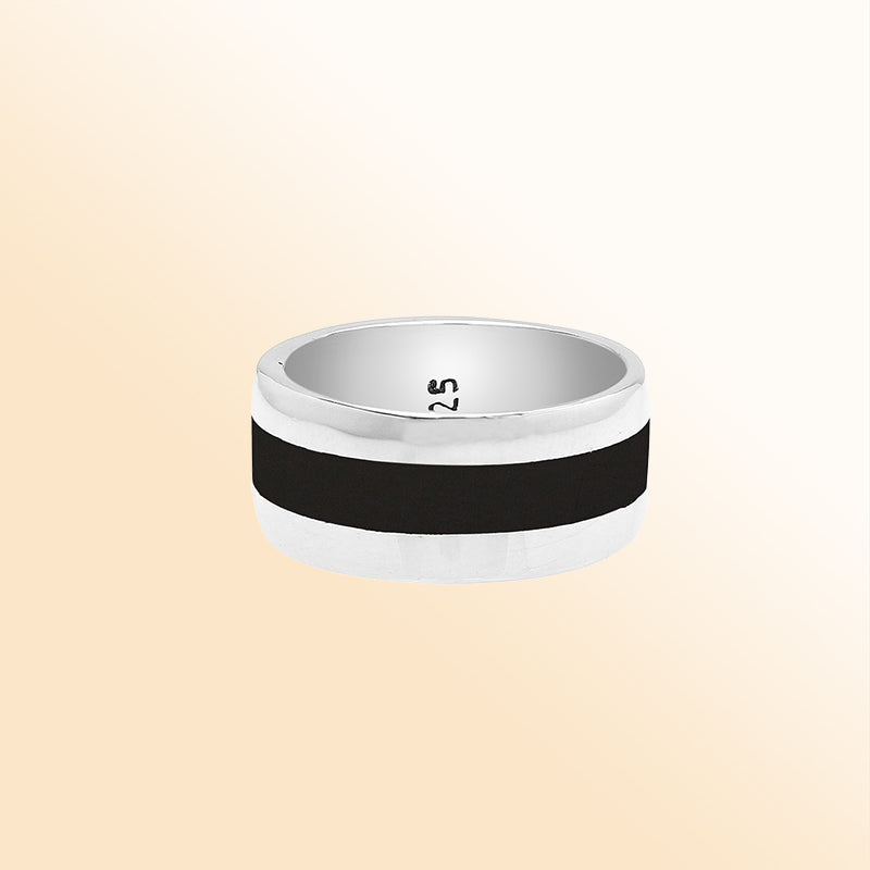 Handcrafted sterling silver wide band ring with Black Shell inlay, unisex artisan jewelry for everyday wear or gifting.