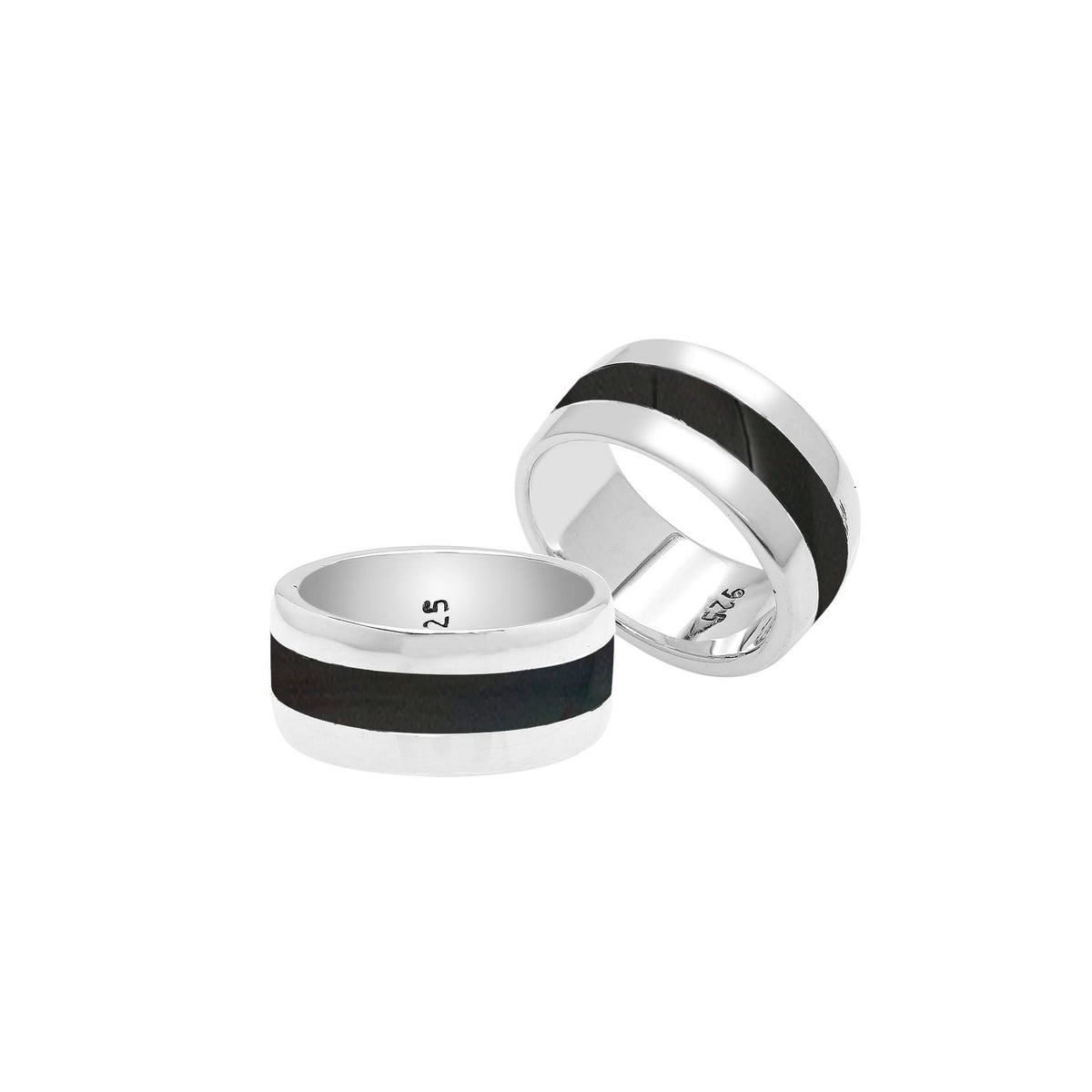 Handcrafted sterling silver wide band ring with Black Shell inlay, unisex artisan jewelry for everyday wear or gifting.