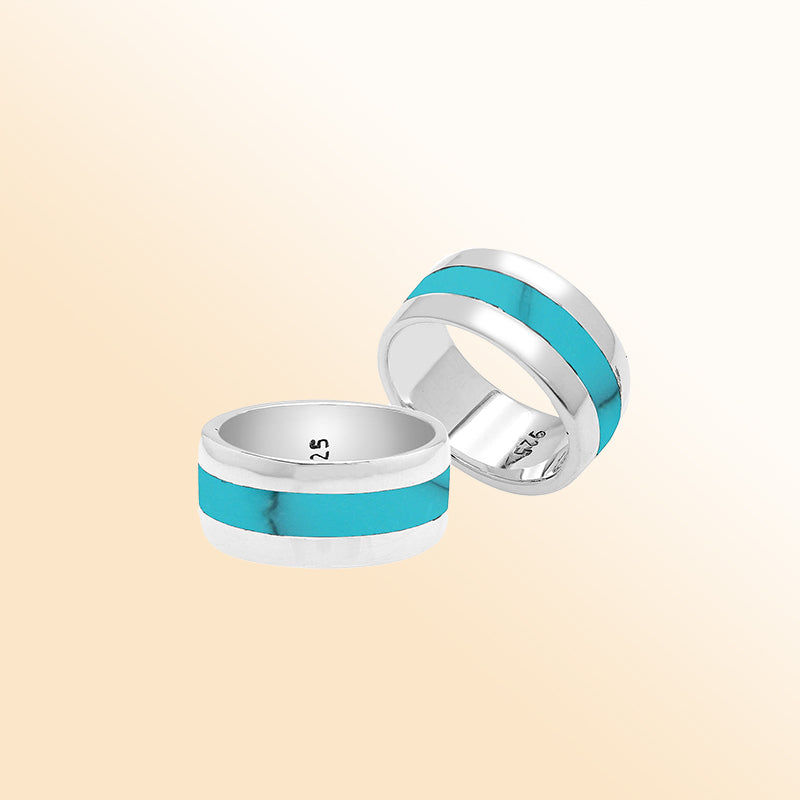 Handcrafted sterling silver wide band ring with vibrant Turquoise Shell inlay, unisex artisan Shell jewelry for everyday wear or gifting.