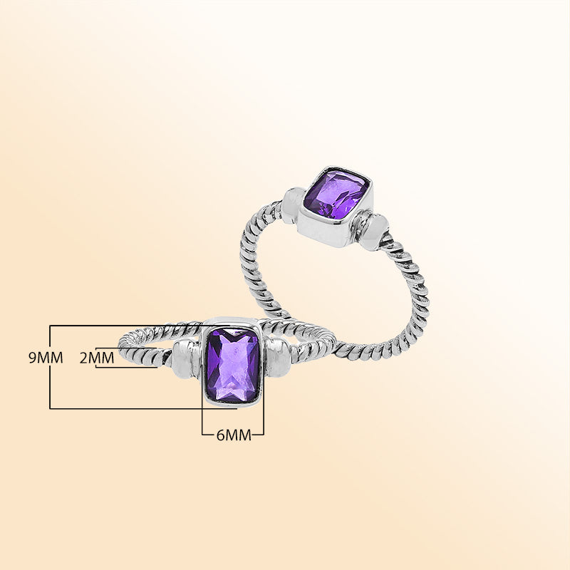 Handcrafted sterling silver twisted band ring with rectangular-cut Amethyst Quartz, artisan unisex jewelry for everyday wear or gifting.