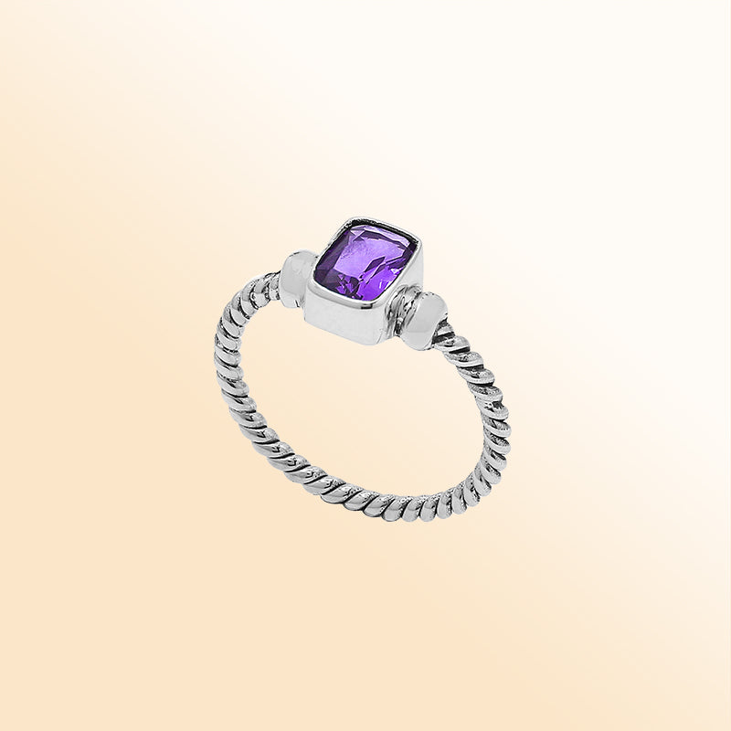 Handcrafted sterling silver twisted band ring with rectangular-cut Amethyst Quartz, artisan unisex jewelry for everyday wear or gifting.