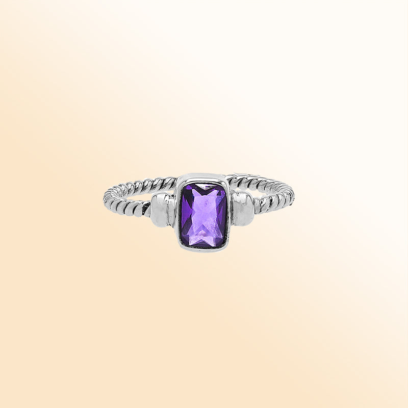 Handcrafted sterling silver twisted band ring with rectangular-cut Amethyst Quartz, artisan unisex jewelry for everyday wear or gifting.