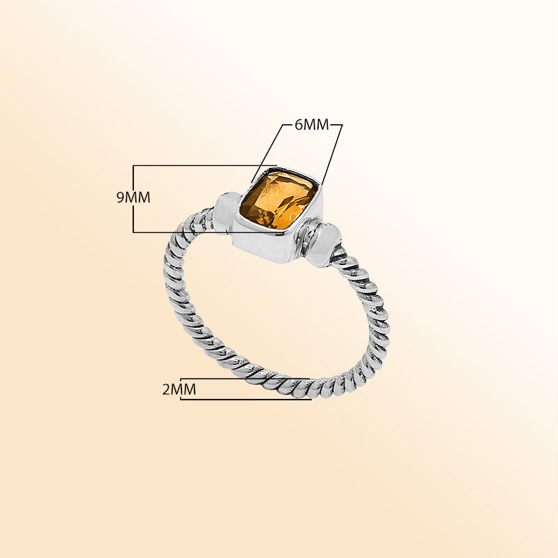 Handcrafted sterling silver twisted band ring with rectangular-cut Citrine Quartz, artisan unisex jewelry for everyday wear or gifting.