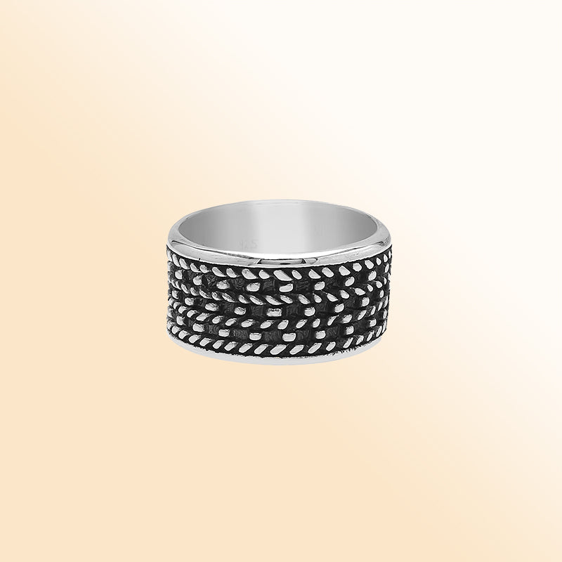 Handcrafted sterling silver wide band ring with detailed Bali dot design and oxidized finish, unisex artisan jewelry for everyday wear or gifting.