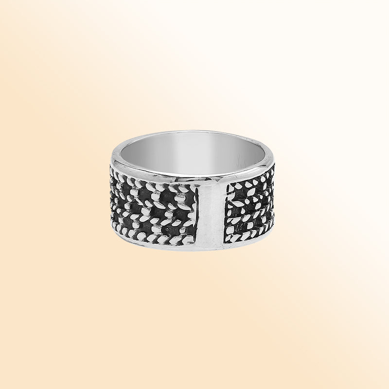Handcrafted sterling silver wide band ring with detailed Bali dot design and oxidized finish, unisex artisan jewelry for everyday wear or gifting.