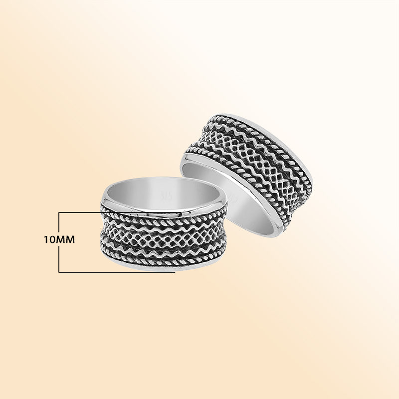 Sterling silver wide band ring with handcrafted tribal Bali design and oxidized detailing, perfect for everyday wear or special occasions.