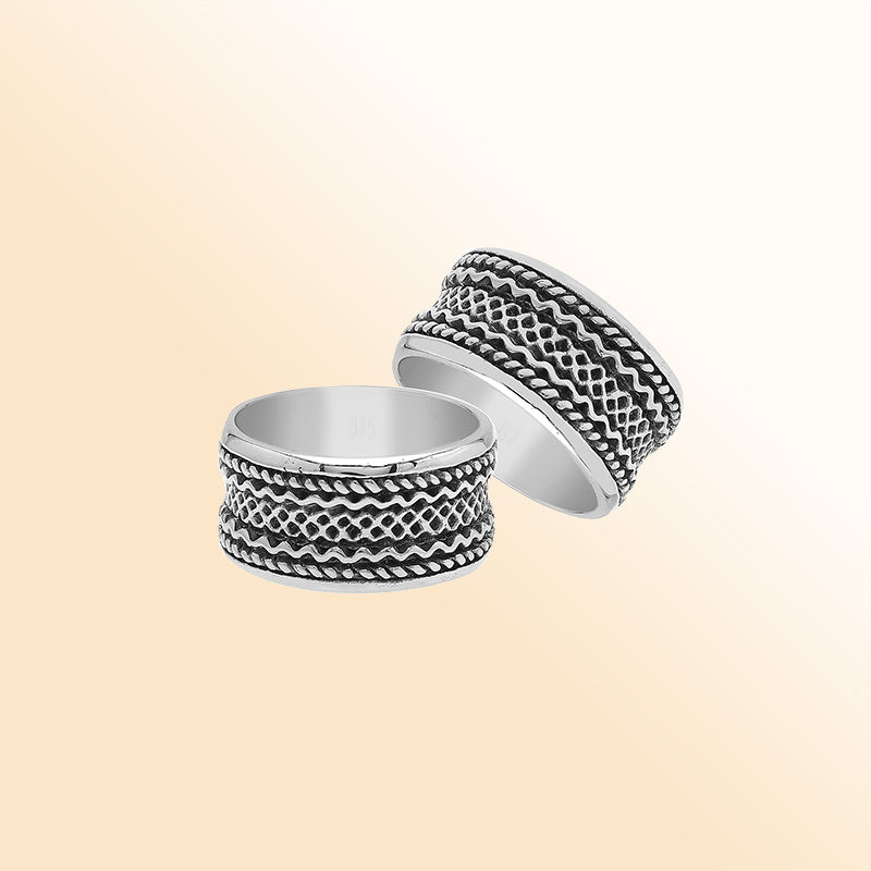 Sterling silver wide band ring with handcrafted tribal Bali design and oxidized detailing, perfect for everyday wear or special occasions.