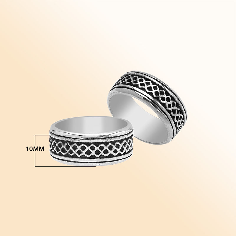 Sterling silver wide band ring with a bold geometric lattice design, handcrafted in Bali with oxidized detailing for a unique artisan look.