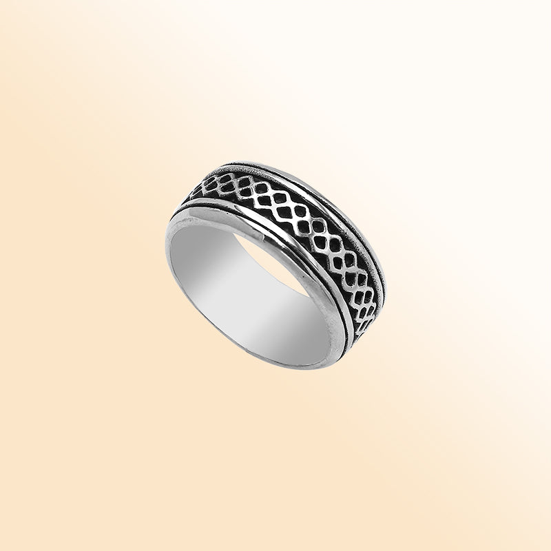Sterling silver wide band ring with a bold geometric lattice design, handcrafted in Bali with oxidized detailing for a unique artisan look.