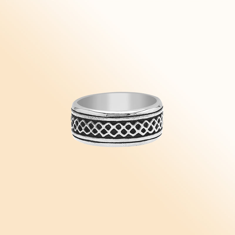 Sterling silver wide band ring with a bold geometric lattice design, handcrafted in Bali with oxidized detailing for a unique artisan look.