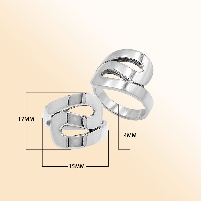 Sterling silver openwork statement ring with adjustable band, modern polished silver jewelry for everyday wear and special occasions.