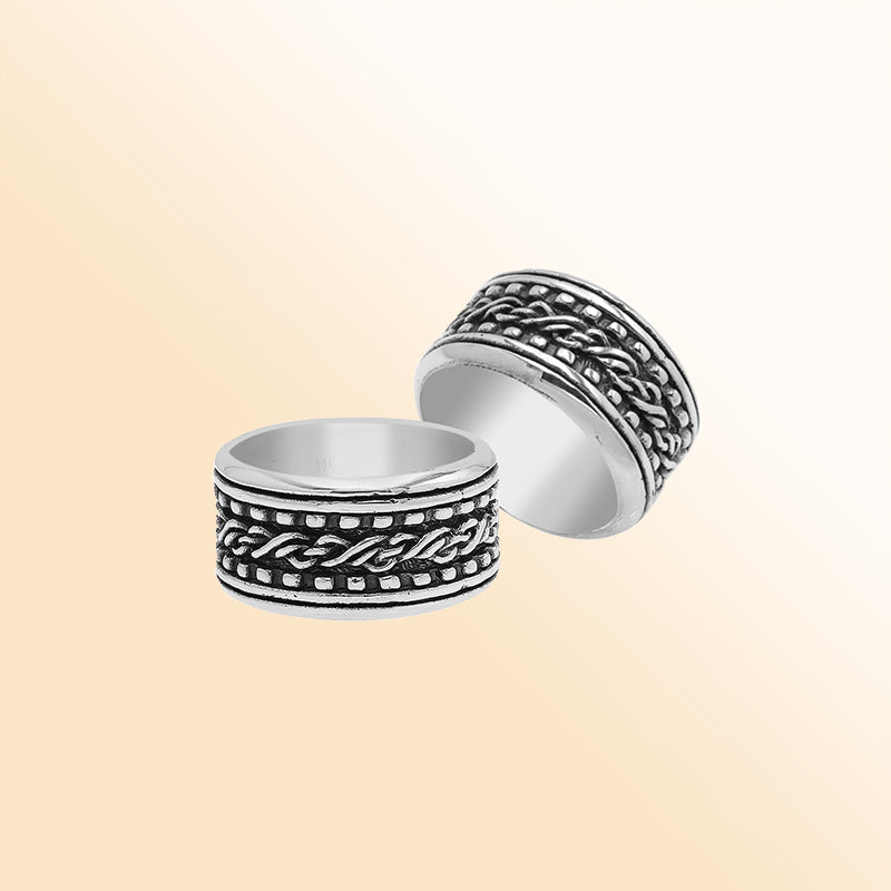 Sterling silver braided rope band ring with oxidized details, wide unisex silver ring for men and women.