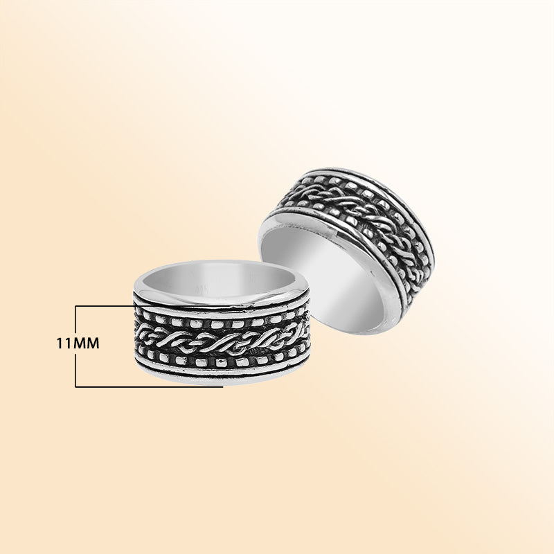 Sterling silver braided rope band ring with oxidized details, wide unisex silver ring for men and women.