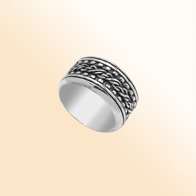 Sterling silver braided rope band ring with oxidized details, wide unisex silver ring for men and women.