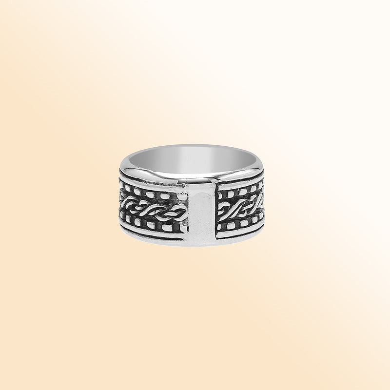 Sterling silver braided rope band ring with oxidized details, wide unisex silver ring for men and women.