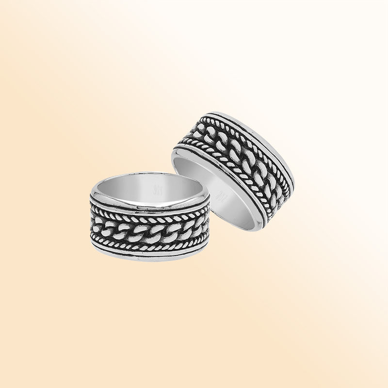 Sterling silver chain link wide band ring with oxidized details, unisex silver ring for men and women.